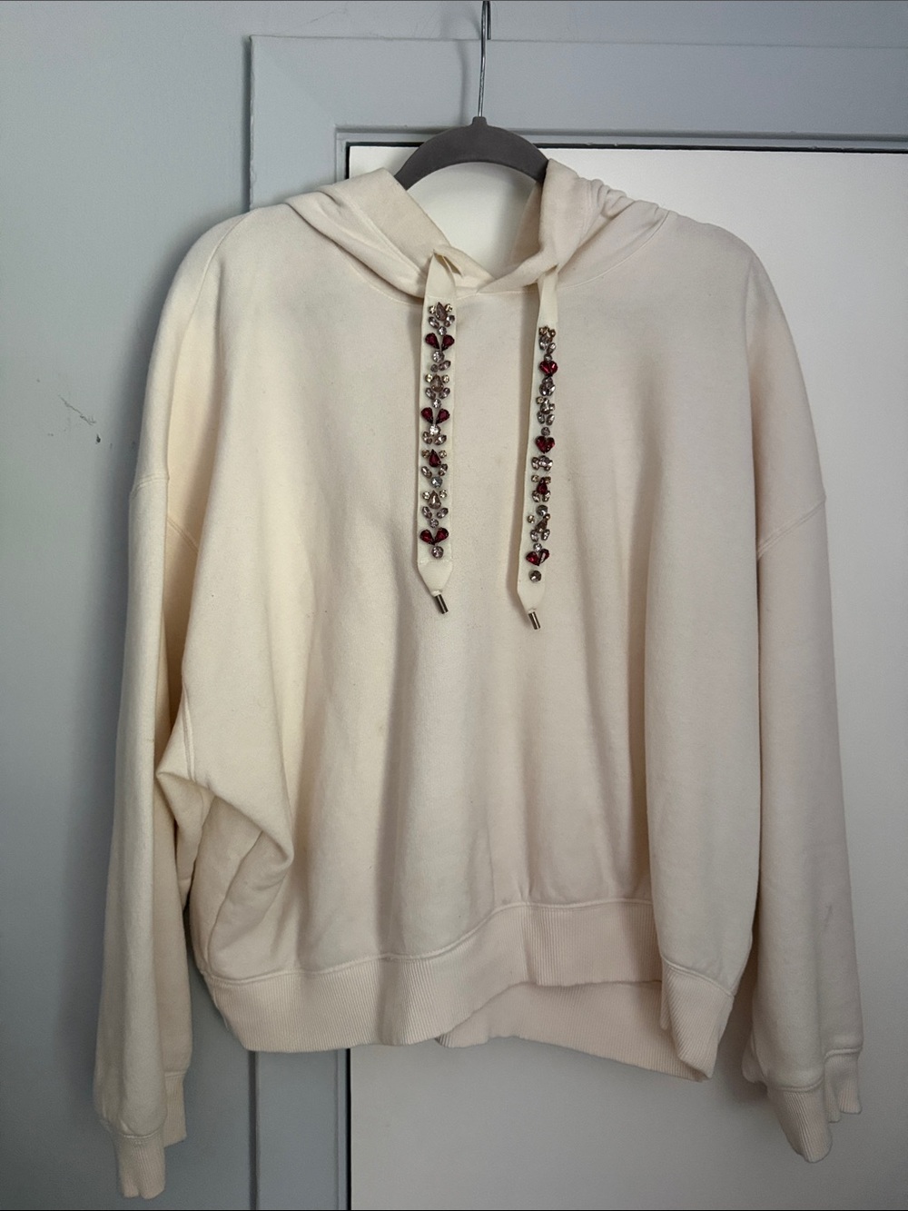 Express Cream Hoodie with Beaded Drawstrings